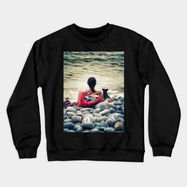 Woman Dog Sea Stones Beach Italy Crewneck Sweatshirt by eleonoraingrid